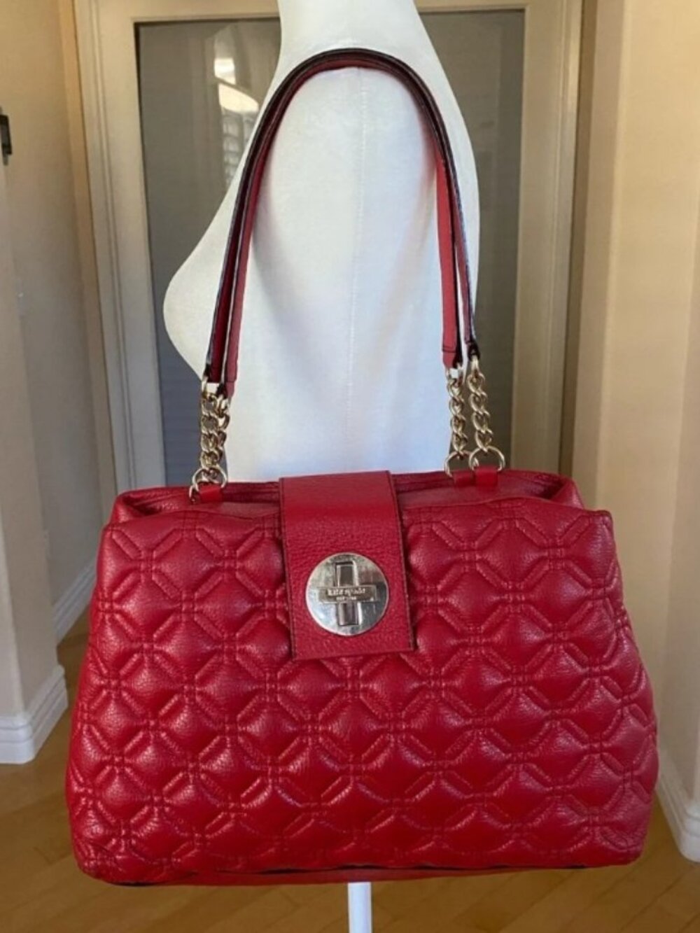 Kate Spade Leather Astor Court Red Quilted Shoulder Tote Bag with Gold Accents